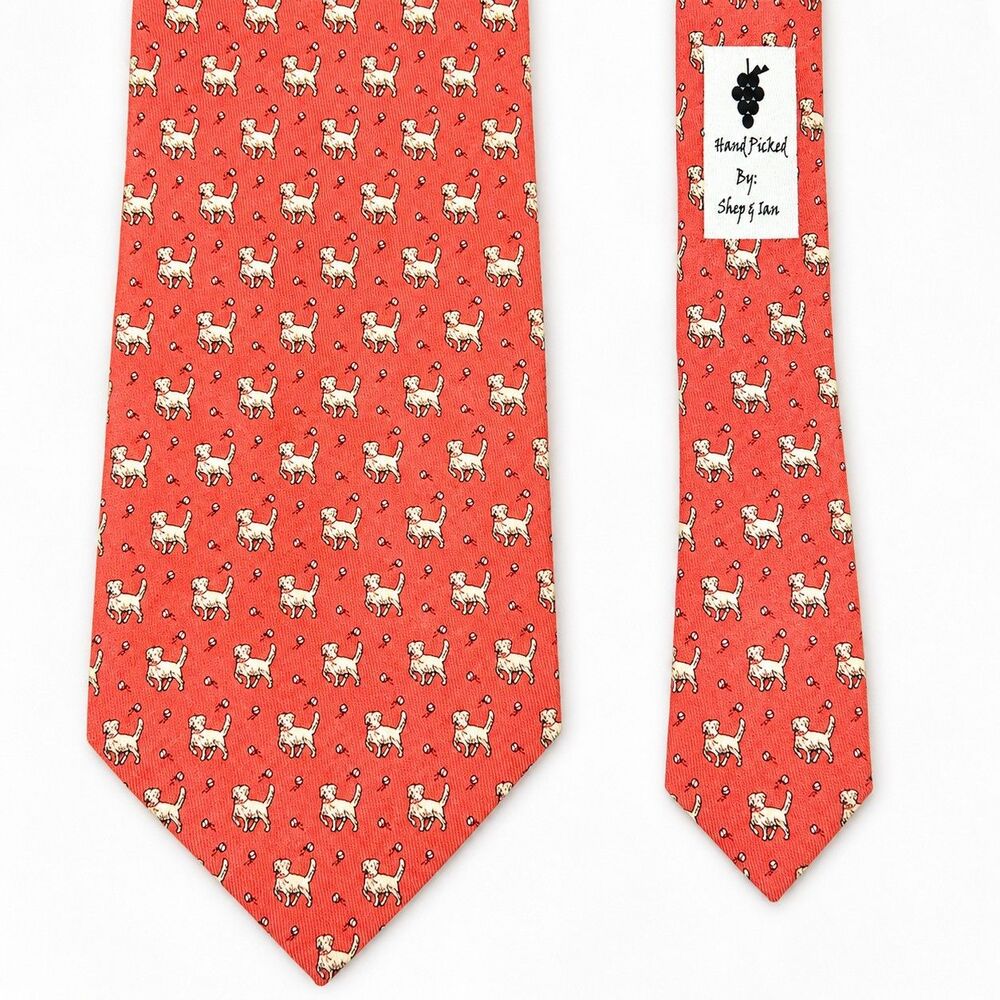 Vineyard Vines Coral-Orange Silk Tie Dog Playing Ball